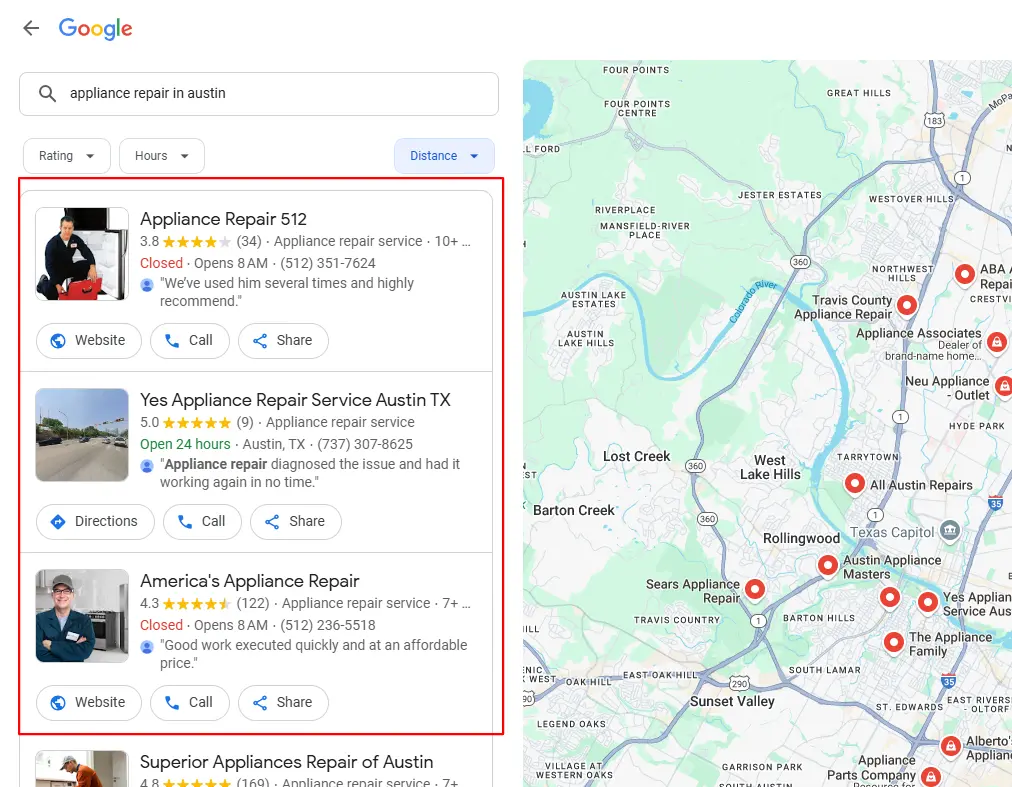 Screenshot of ABC Appliance Repair’s Google Business Profile ranking for "appliance repair near Austin."