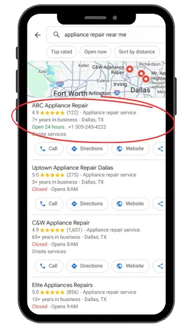 Screenshot of ABC Appliance Repair’s Google Business Profile ranking in the 1st position