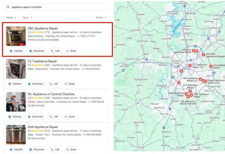 Screenshot showing ABC Appliance Repair appearing in the Local 3-Pack on Google.
