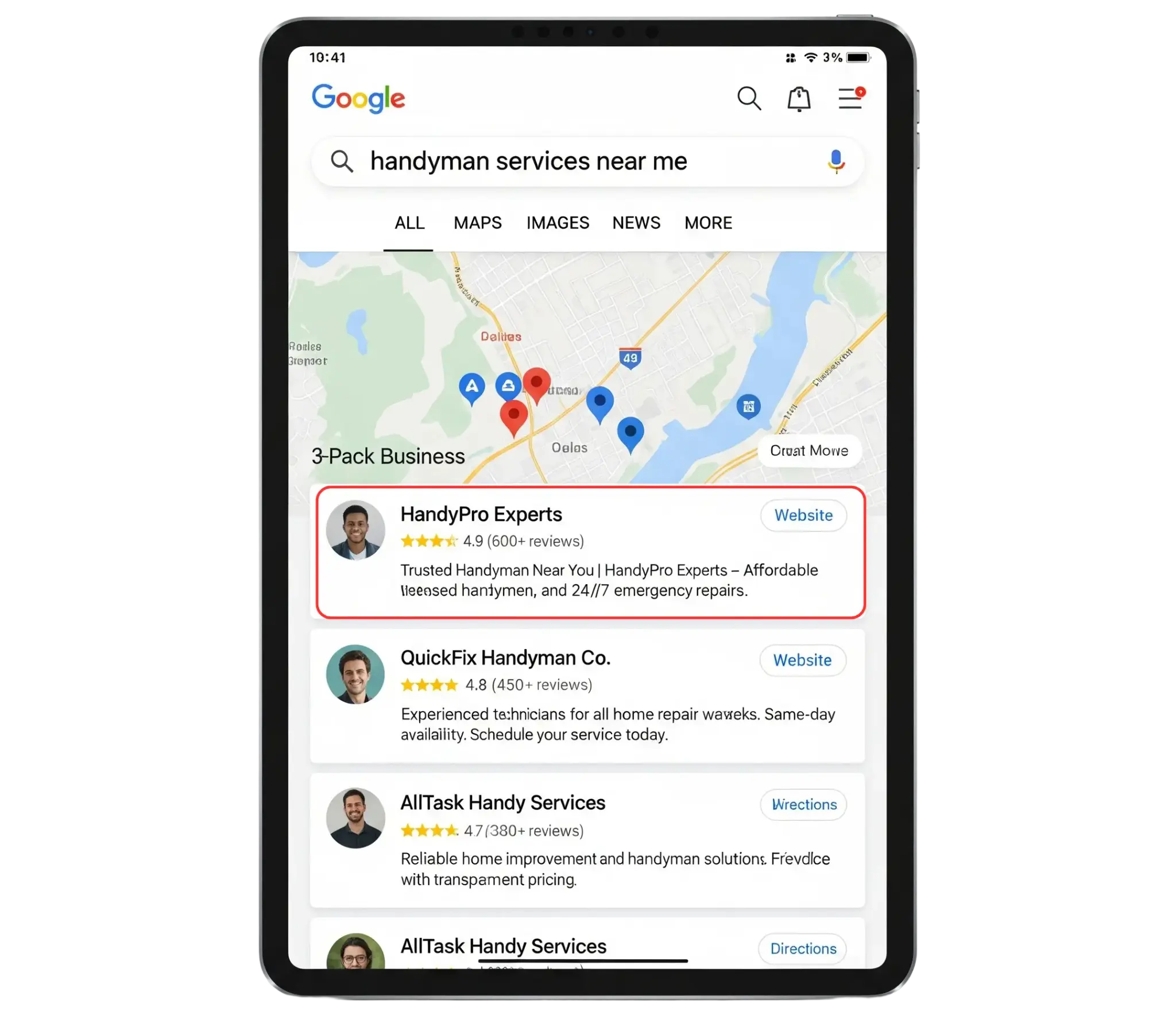 Meetzizi SEO services in dallas results showing Google Business Profile rankings in dallas