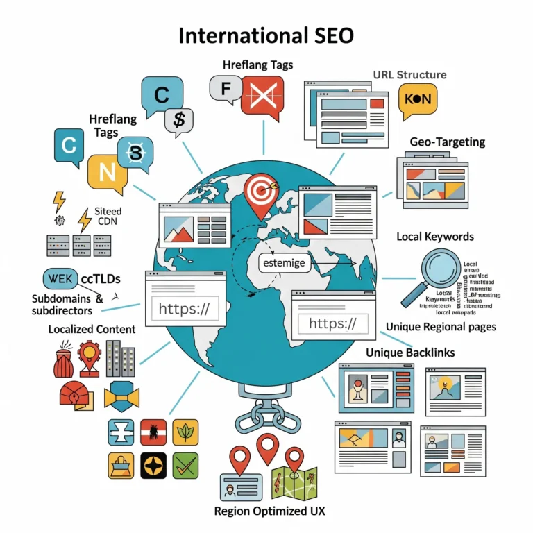 Key international SEO ranking factors including hreflang tags, localized content, domain structure, and global backlinks
