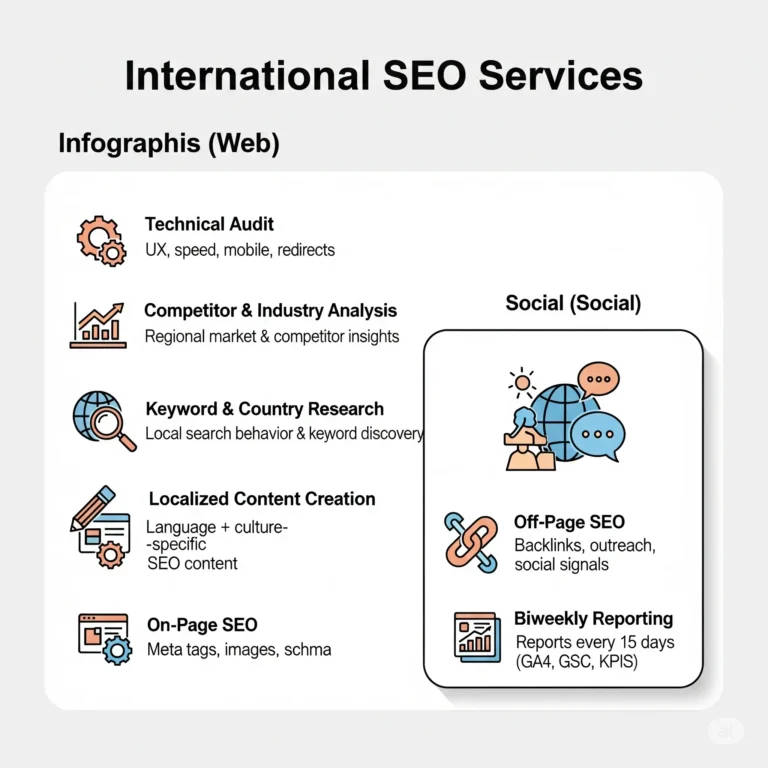 Breakdown of international SEO services including geo-targeting, hreflang tags, multilingual content, and global keyword research
