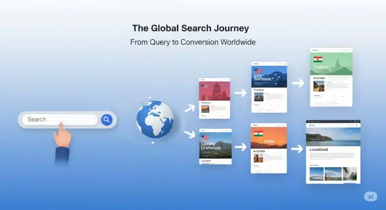Visual explanation of international SEO strategy by Meetzizi, showing global reach, multilingual content, and country-specific targeting