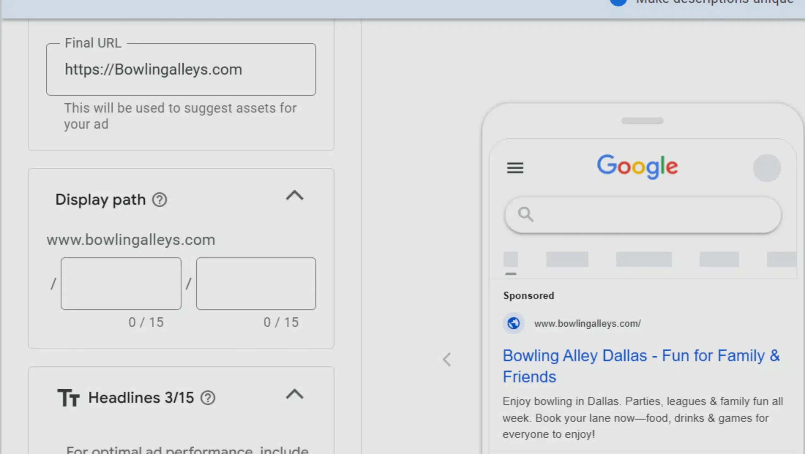 Bowling Alleys Services Ad Creation for google ad
