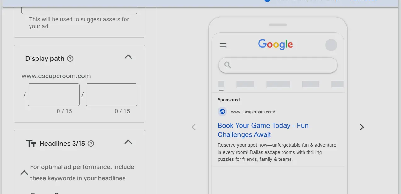 Escape Room Ad Creation for google ad