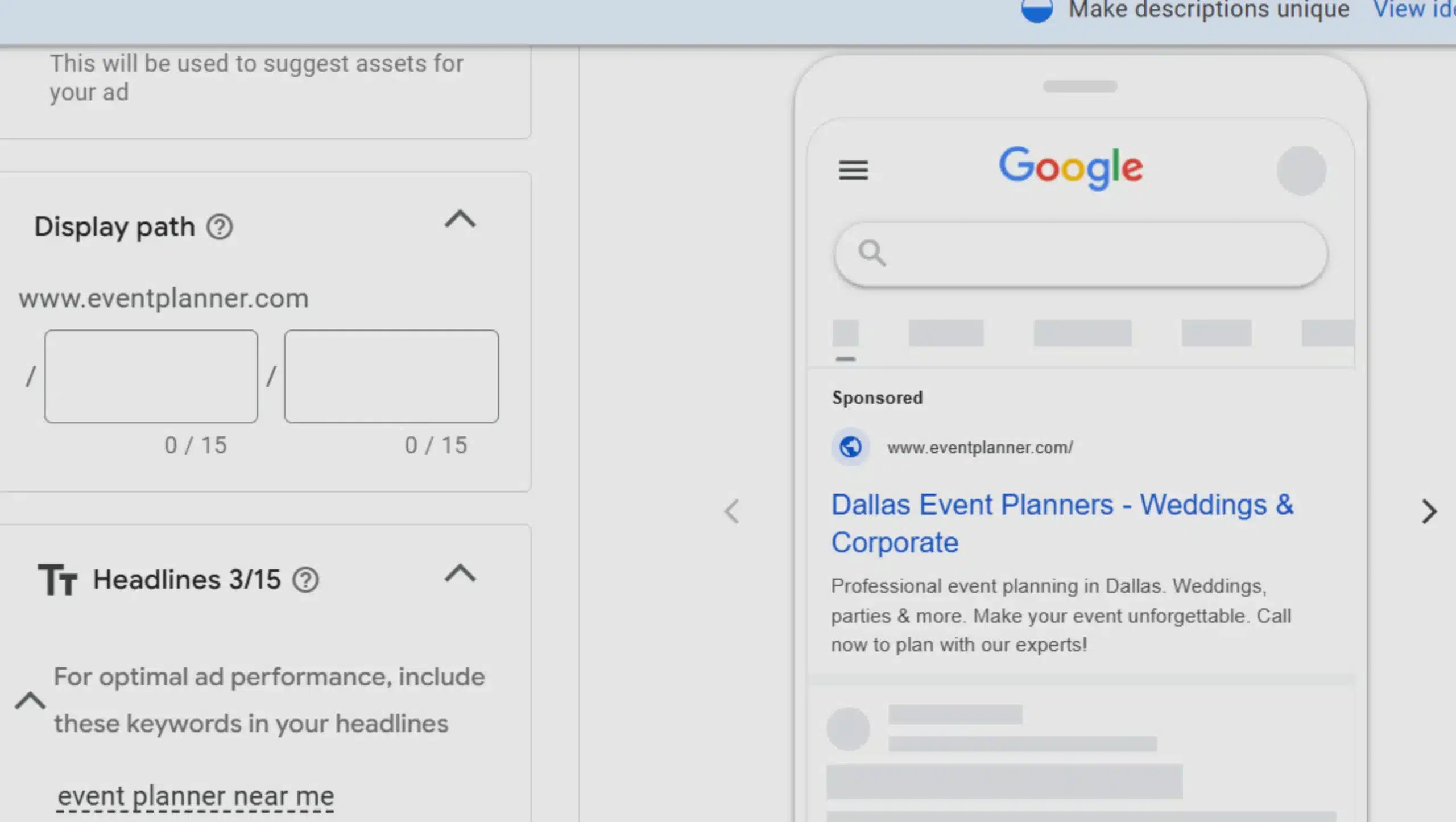 Event Planner Marketing Services Ad Creation for google ad