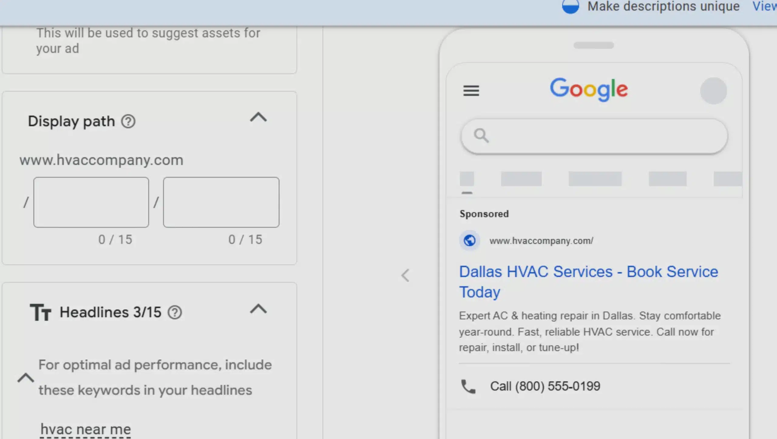 HVAC business Ad Creation for google ad