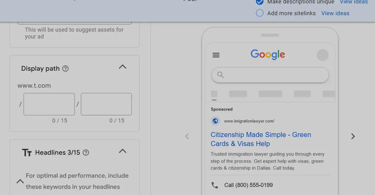Immigration Lawyer google ads creation