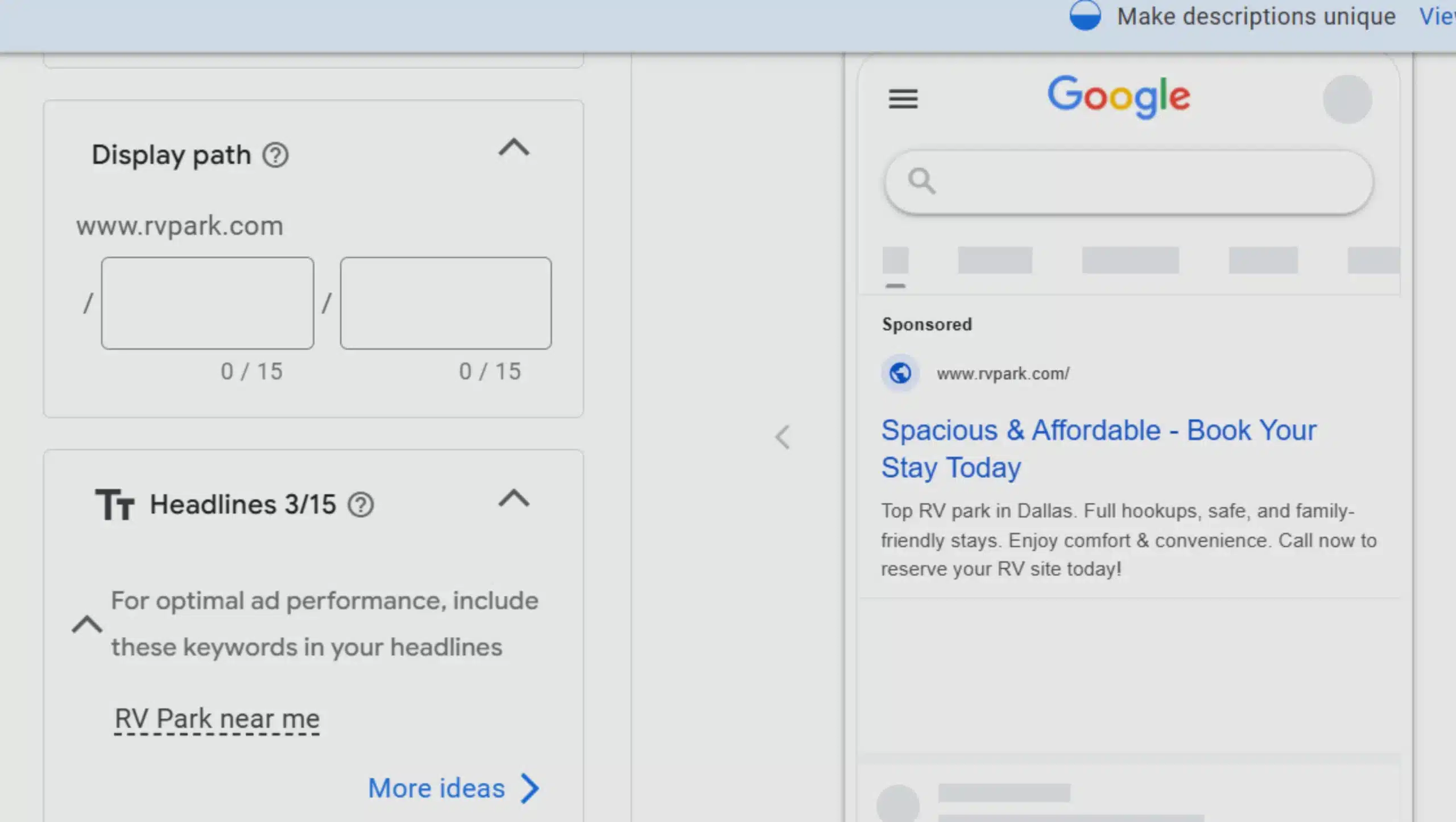 RV Park Ad Creation for google ad