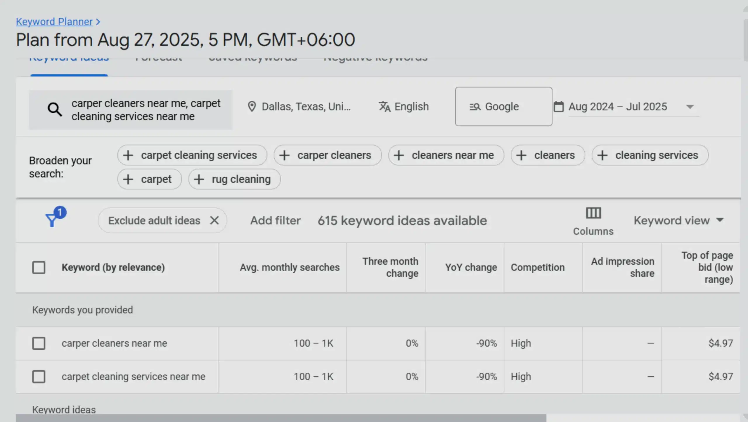 carpet cleaning Keyword Research for google ads campaign
