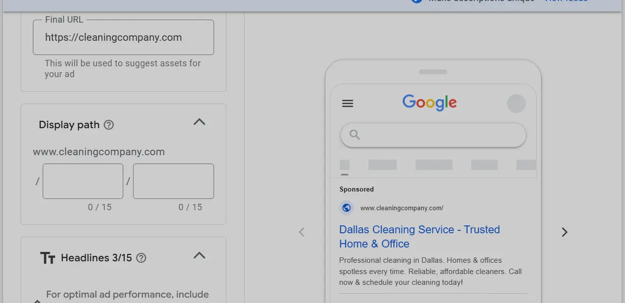 cleaning business business Ad Creation for google ad