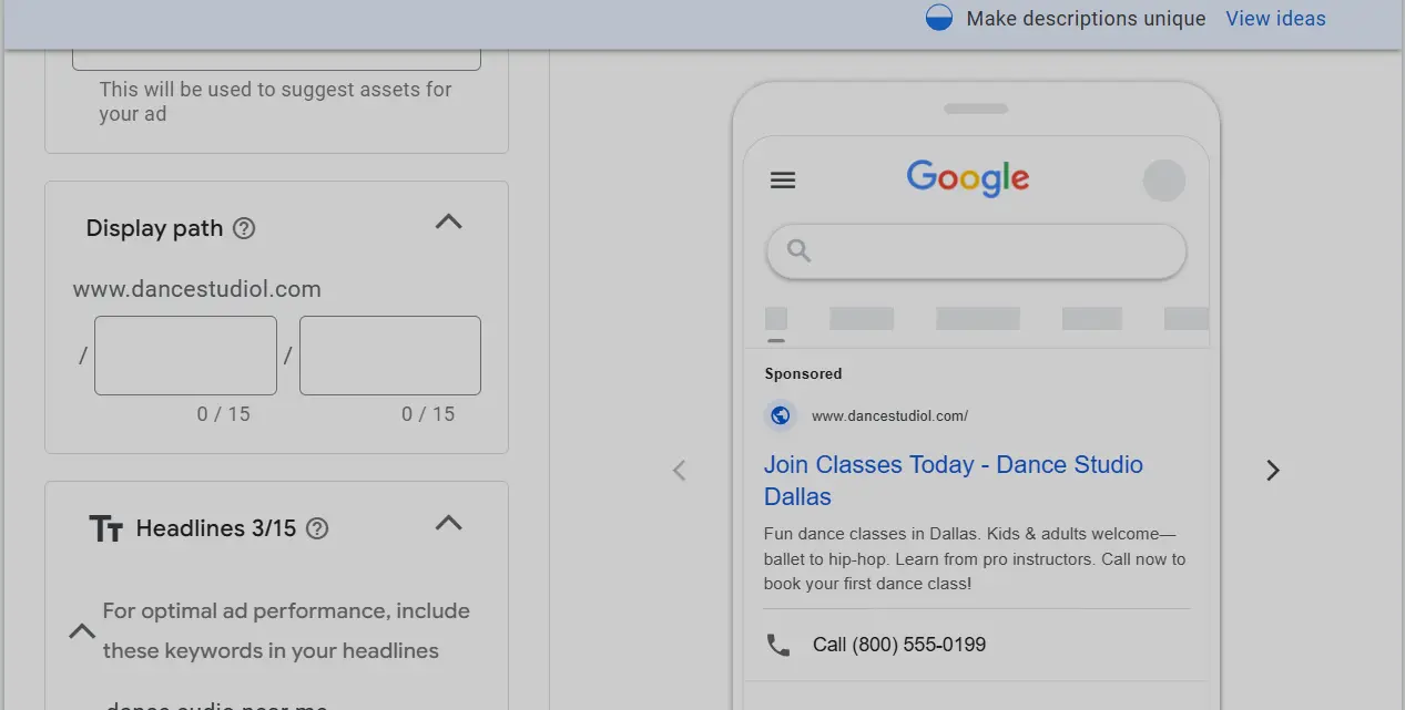 dance studio- google ads creation