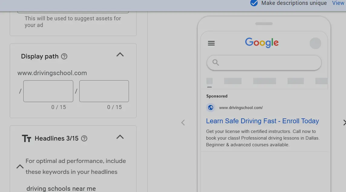 driving school ads creation for google ads