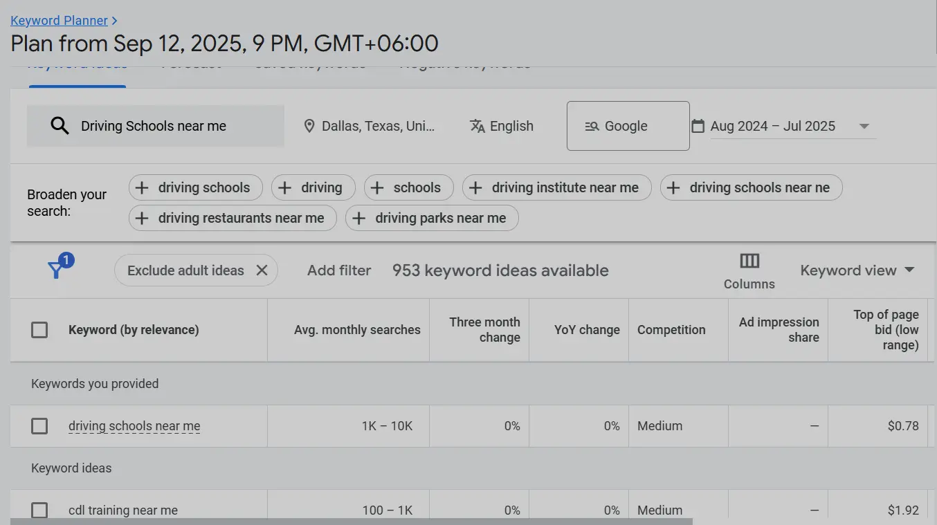 driving school google ads keyword research