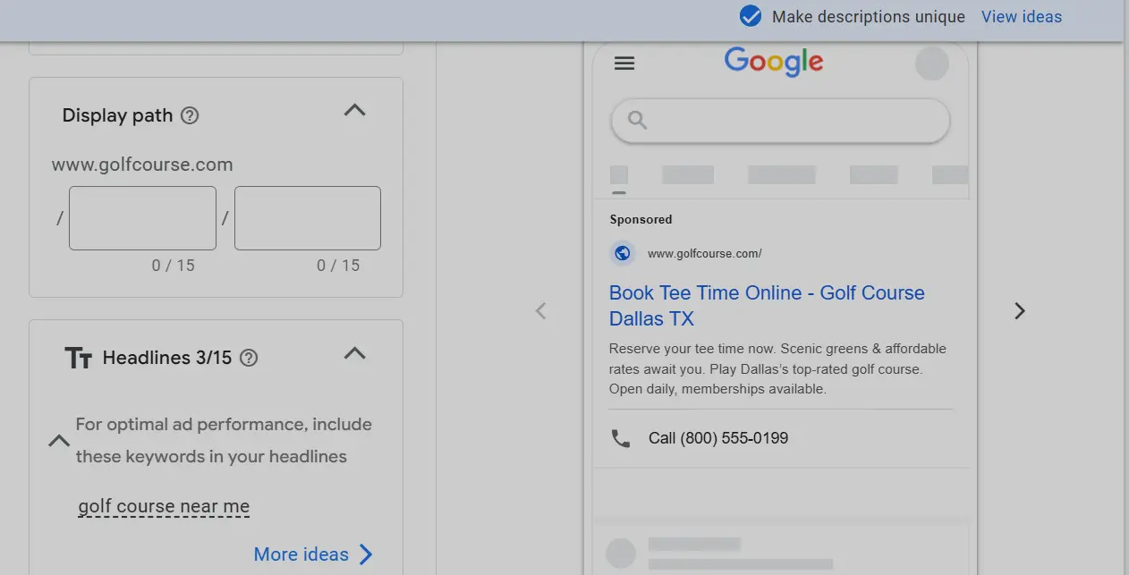 golf course Ad Creation for google ad