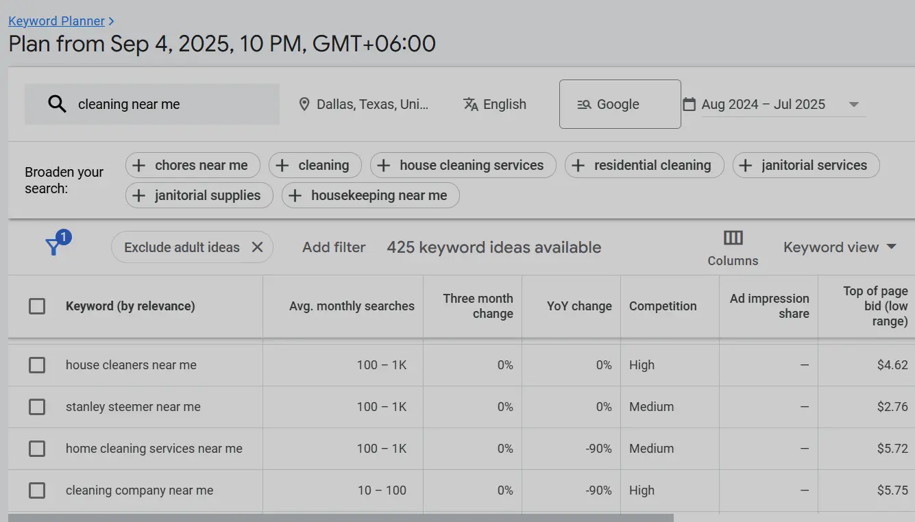 google ads keywords research for cleaning business