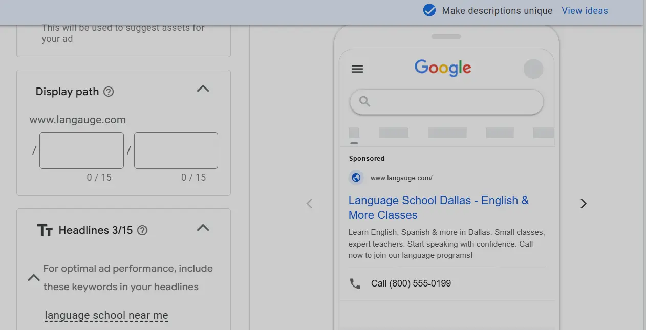 language school google ads creation