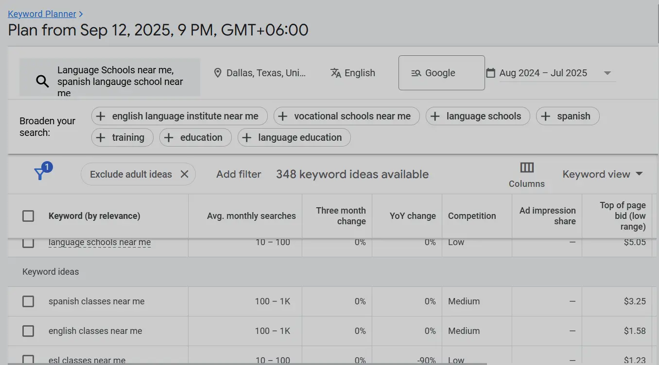 language school google ads keyword research