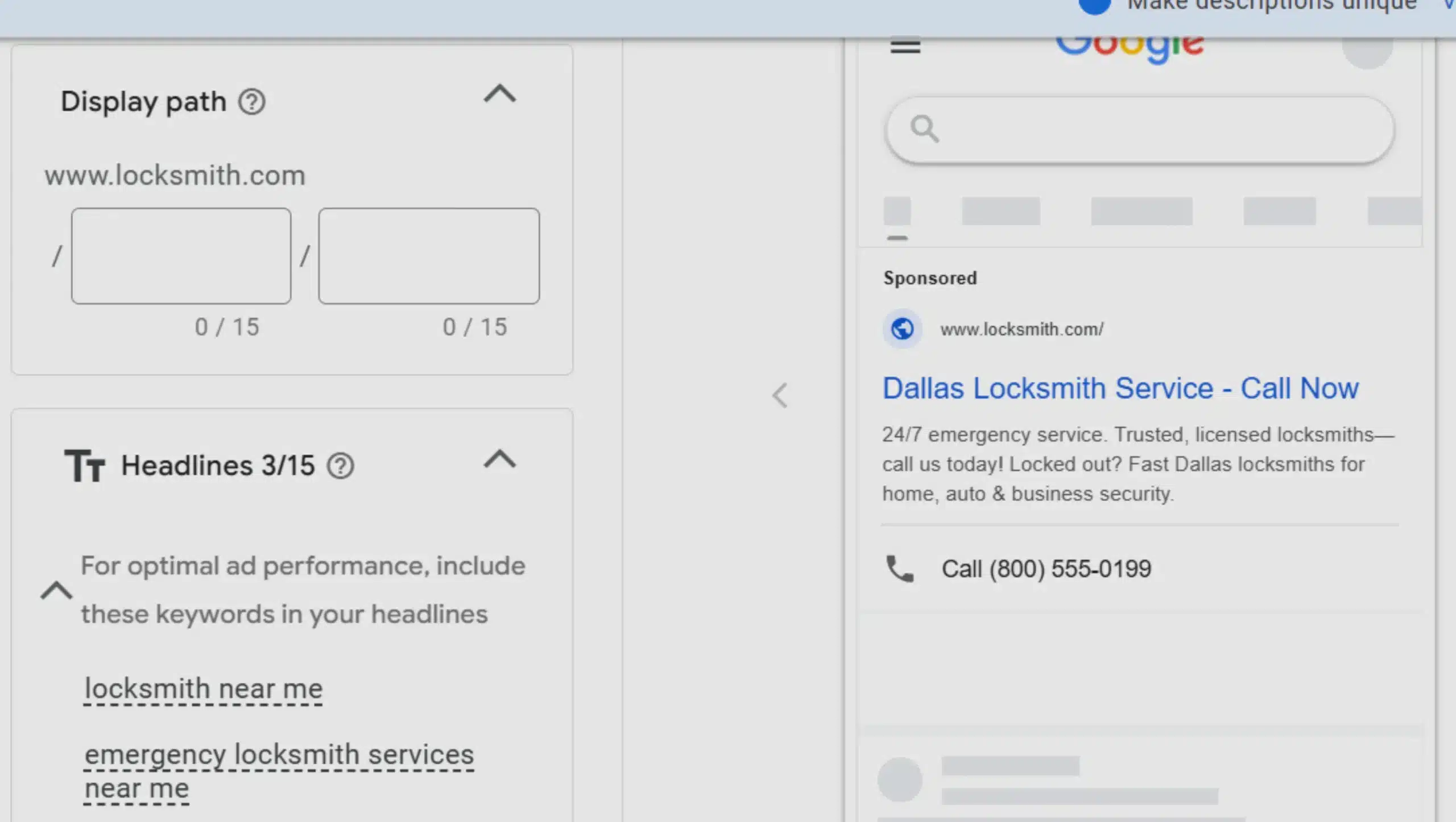 locksmith business Ad Creation for google ad