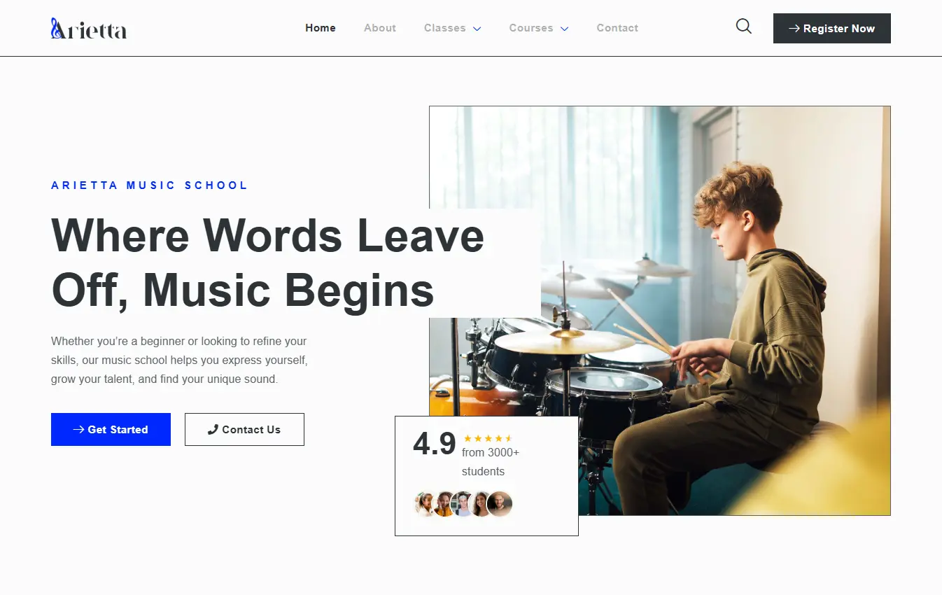 music school desktop website design and development