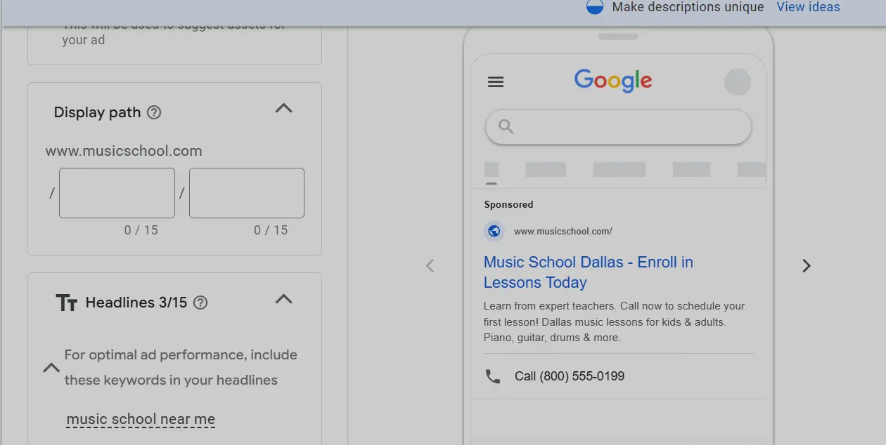 music school google ads creation