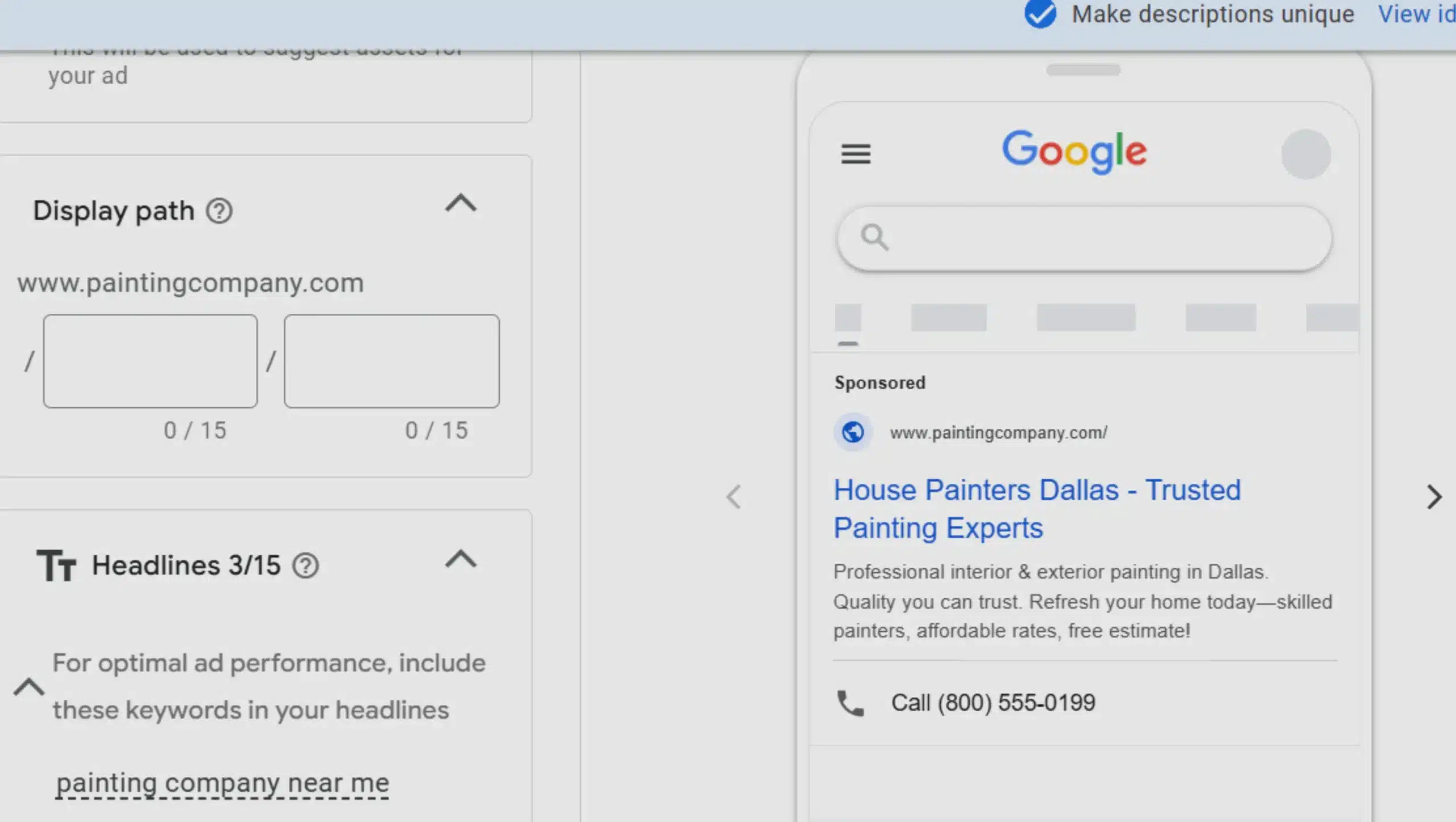 painting business Ad Creation for google ad