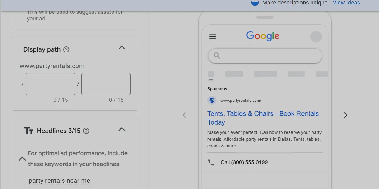party rentals ad creation for google ads