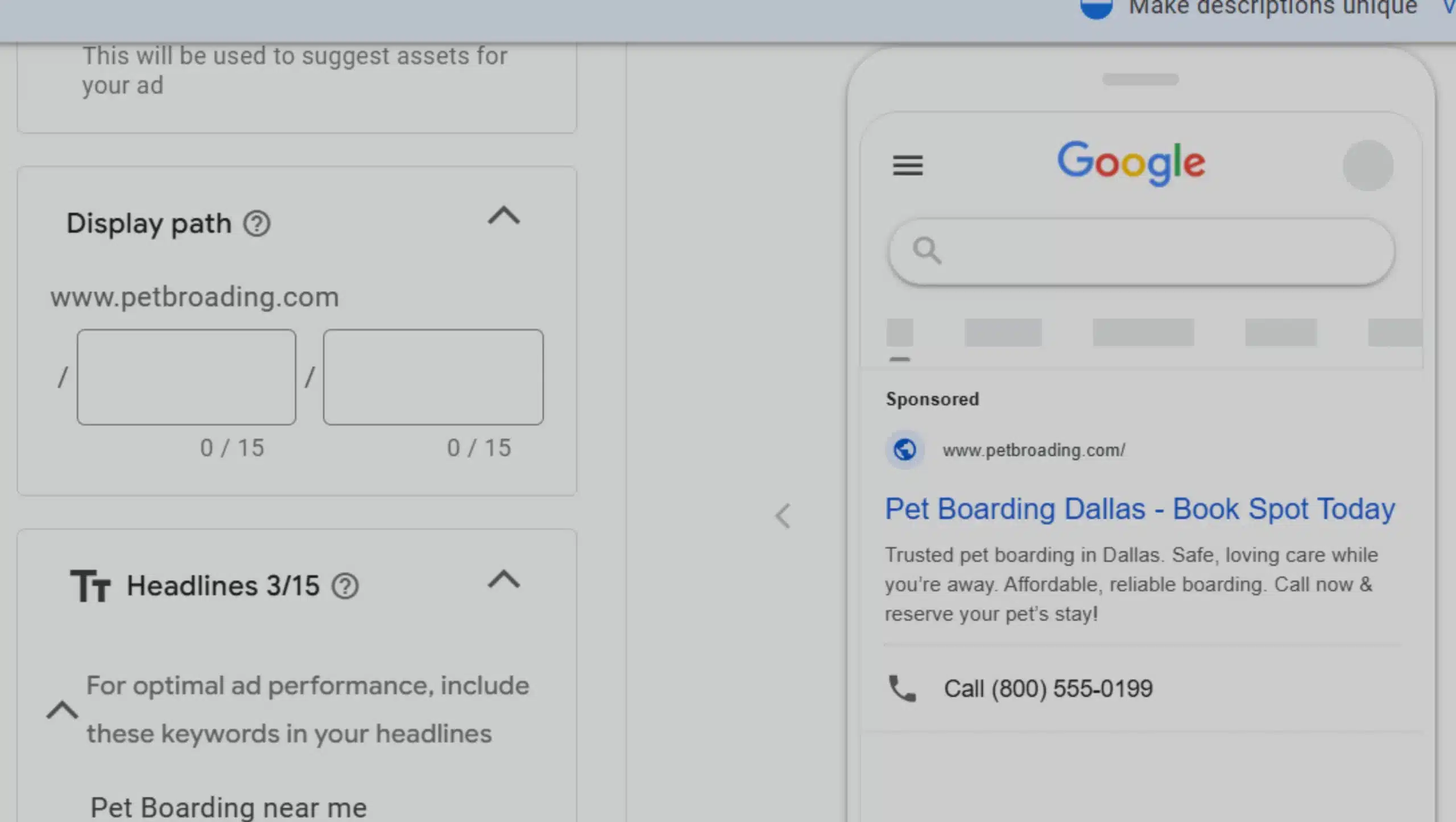pet boarding business Ad Creation for google ad