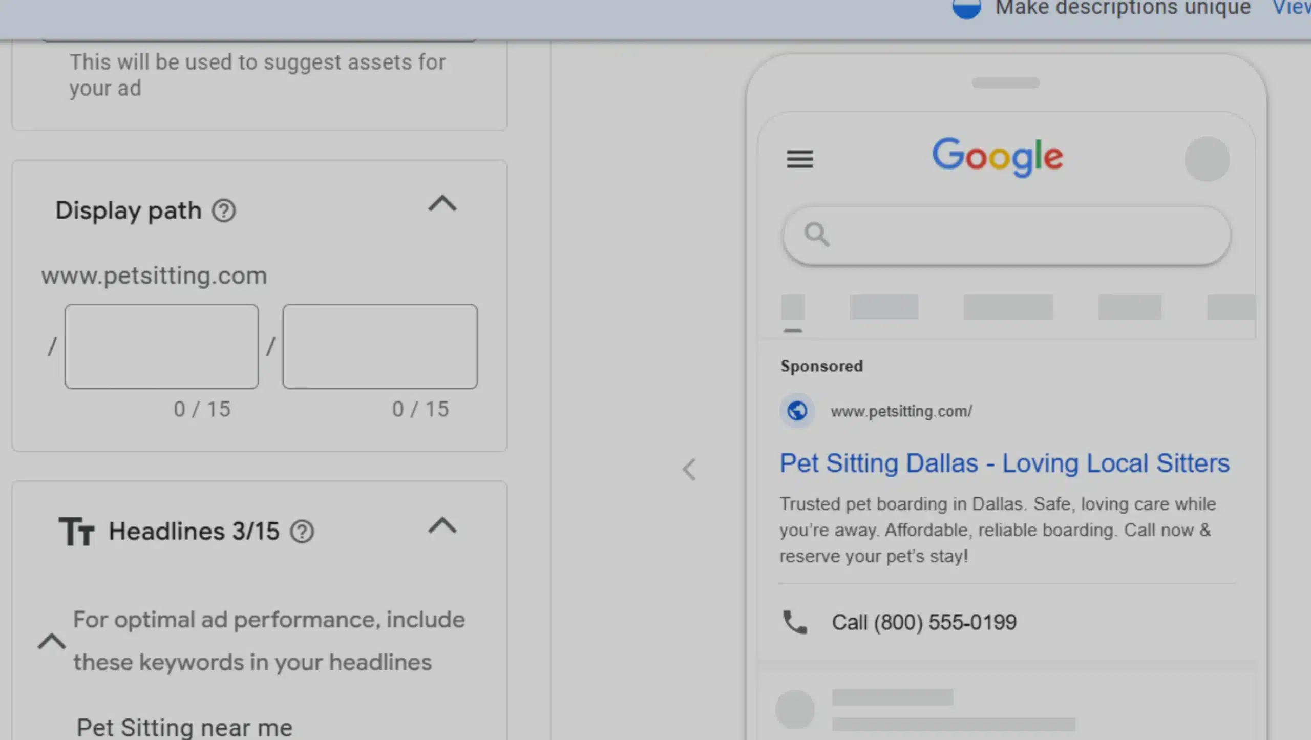 pet sitting business Ad Creation for google ad