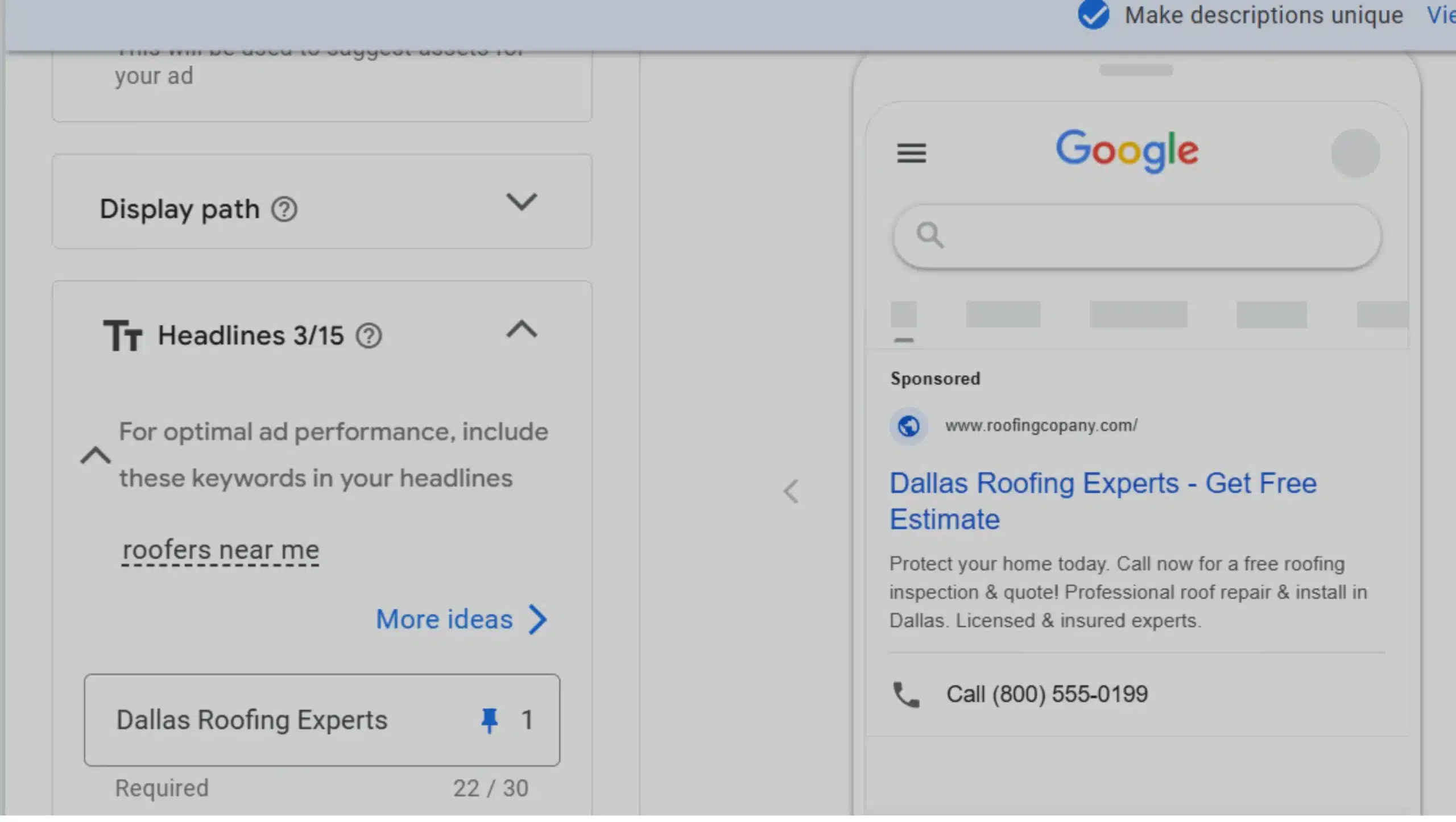 roofing business Ad Creation for google ad