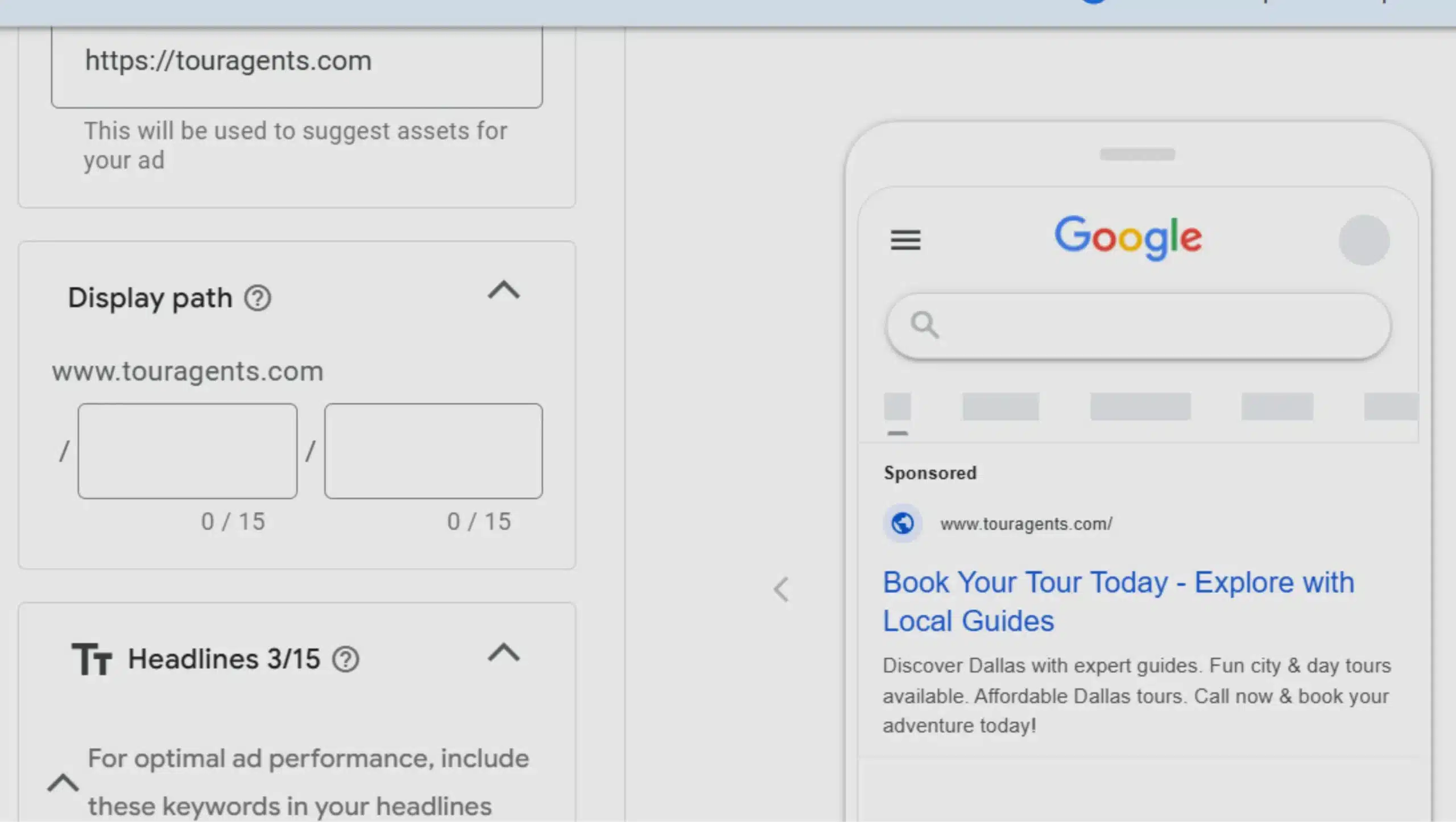 tour operator Ad Creation for google ad