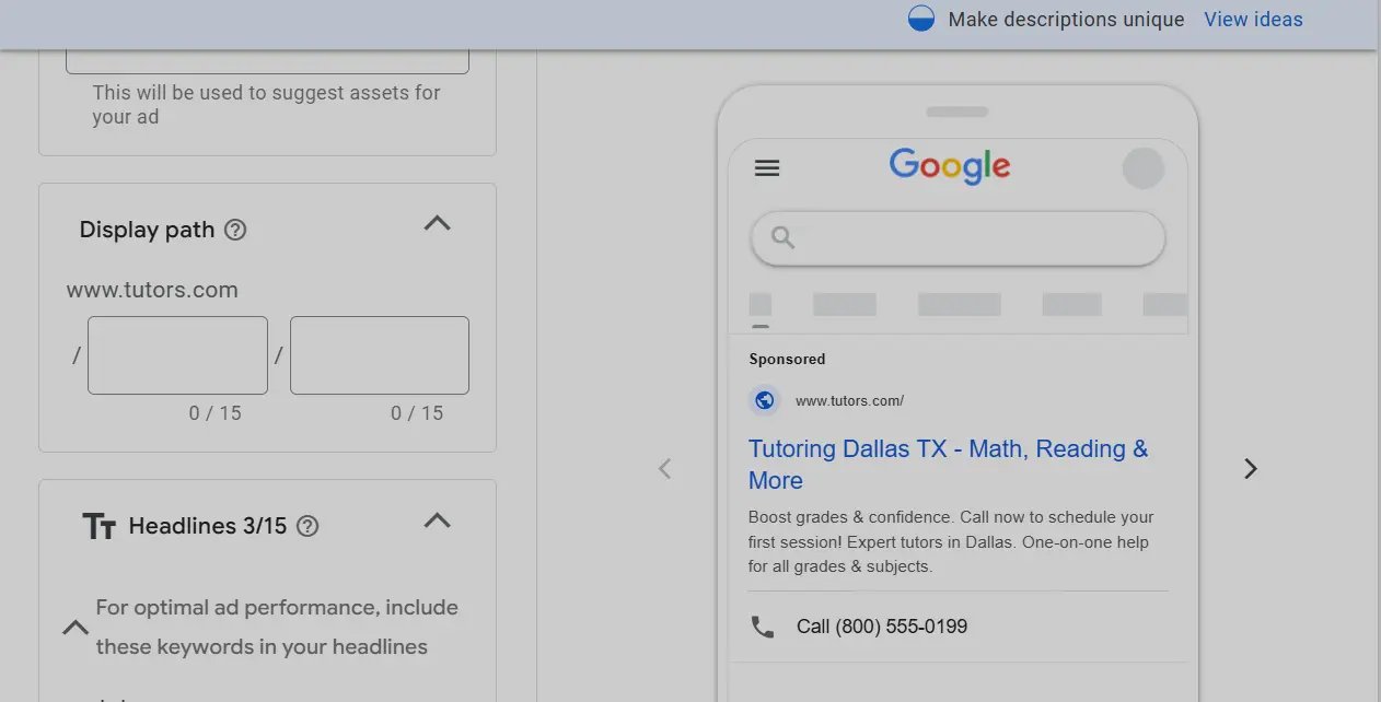 tutor ad creation for google ads