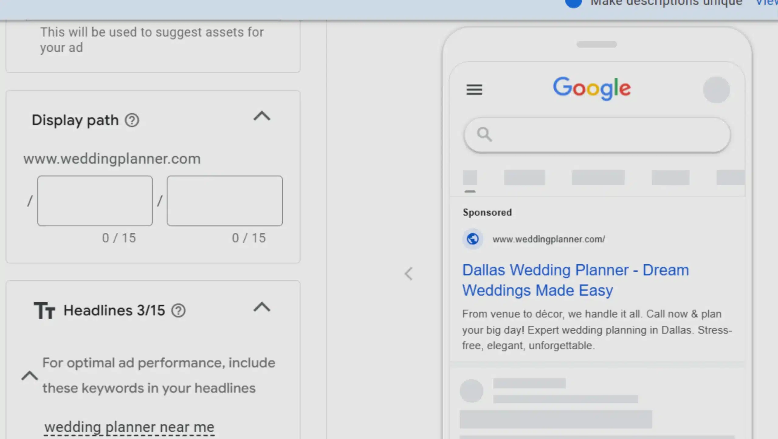 wedding Planner Marketing Services Ad Creation for google ad