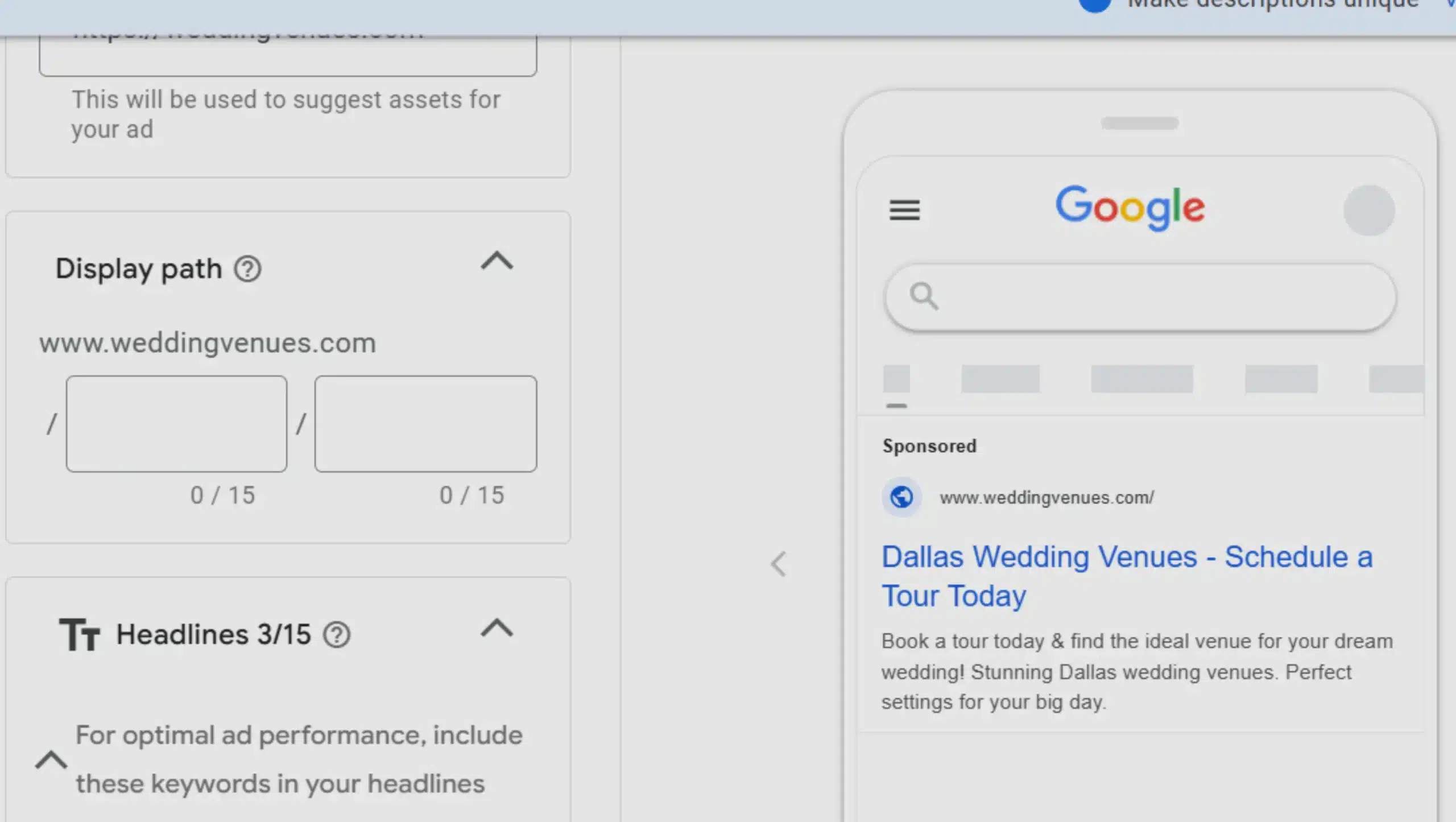 wedding venues Services Ad Creation for google ad