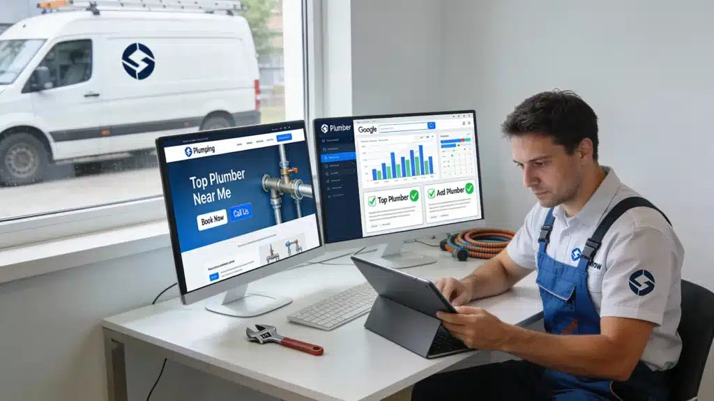 Plumber reviewing a plumbing website, SEO analytics, and Google Ads on a laptop and tablet