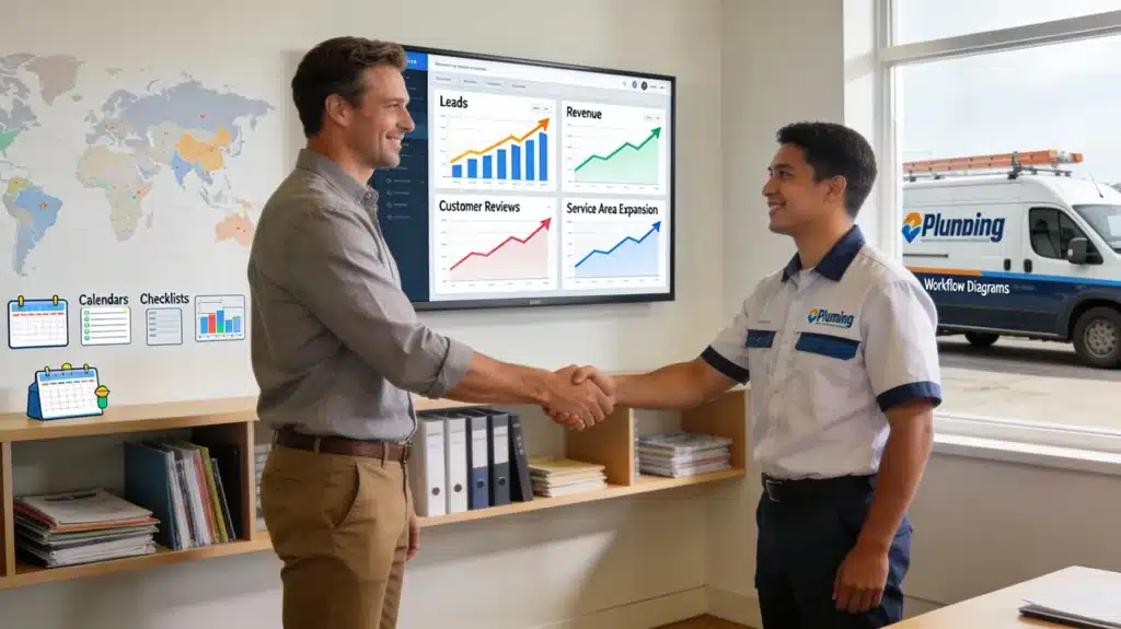 Plumbing business owner reviewing growth metrics and expanding his team for long-term success