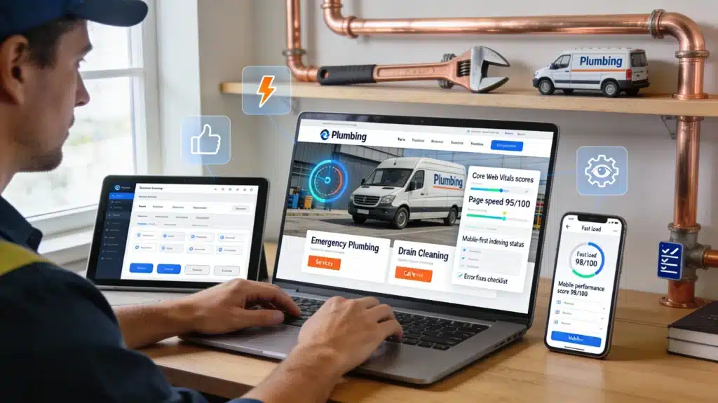 SEO for Plumbers and Plumbing Contractors: A Complete Guide 4 Plumbing website optimization showing fast page speed, mobile-friendly design, improved user experience, and technical SEO analysis.