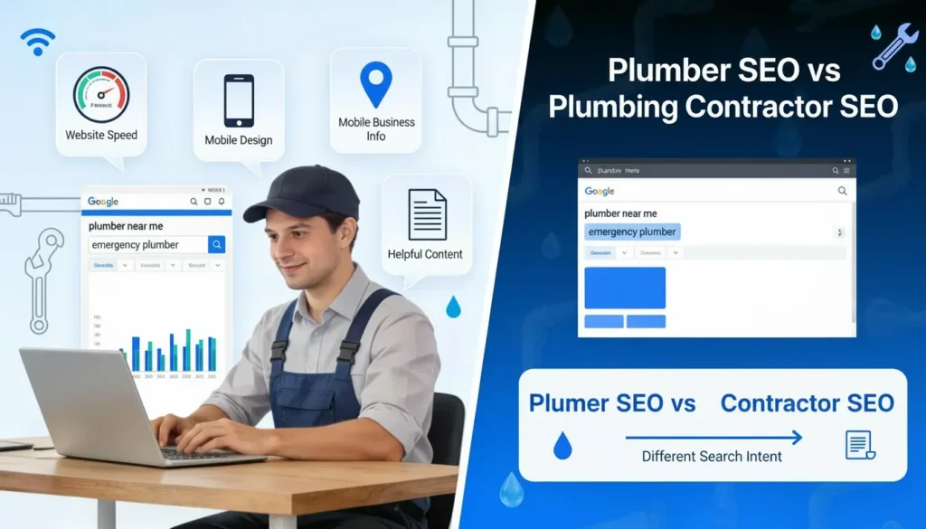 SEO for Plumbers and Plumbing Contractors: A Complete Guide 1 Plumber reviewing website SEO on a laptop with icons for keywords, website speed, mobile design, local business info, and helpful content; comparing Plumber SEO vs Plumbing Contractor SEO